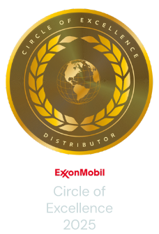 ExxonMobil Circle of Excellence 2025 badge featuring a gold globe and laurel wreath with the words “Circle of Excellence Distributor.”