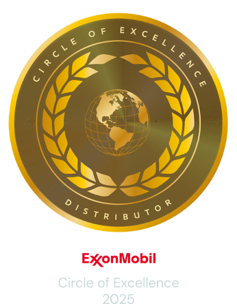 ExxonMobil Circle of Excellence 2025 badge featuring a gold globe and laurel wreath with the words “Circle of Excellence Distributor.”