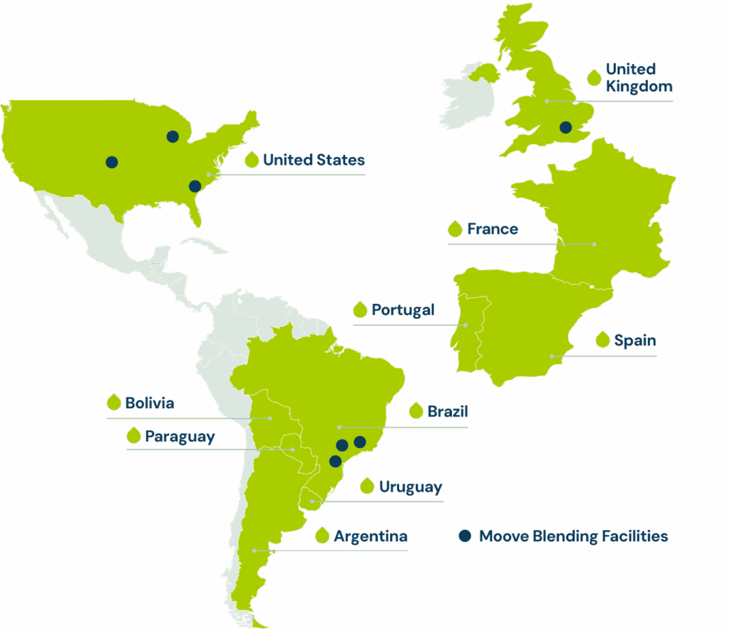 Map highlighting Moove’s global presence across North America, South America, and Europe, with dark blue dots indicating Moove blending facilities.
