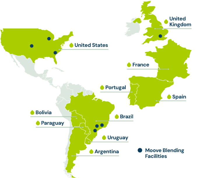 Map highlighting Moove’s global presence across North America, South America, and Europe, with dark blue dots indicating Moove blending facilities.