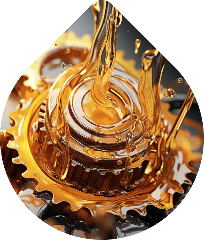 Close-up of golden lubricant oil flowing over metal gears and ball bearings, symbolizing industrial lubrication and mechanical efficiency.