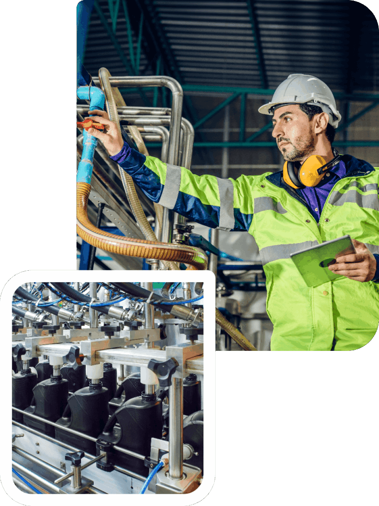 Engineer in safety gear inspects machinery with a tablet, overlaid with an image of an automated line filling black plastic bottles.