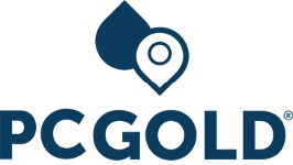 PCGOLD logo featuring a bold navy blue droplet icon integrated with a location pin symbol above the brand name in strong, modern typography.