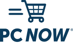 PC NOW logo featuring a navy blue shopping cart in motion above the brand name, symbolizing fast and efficient purchasing in bold, modern typography.