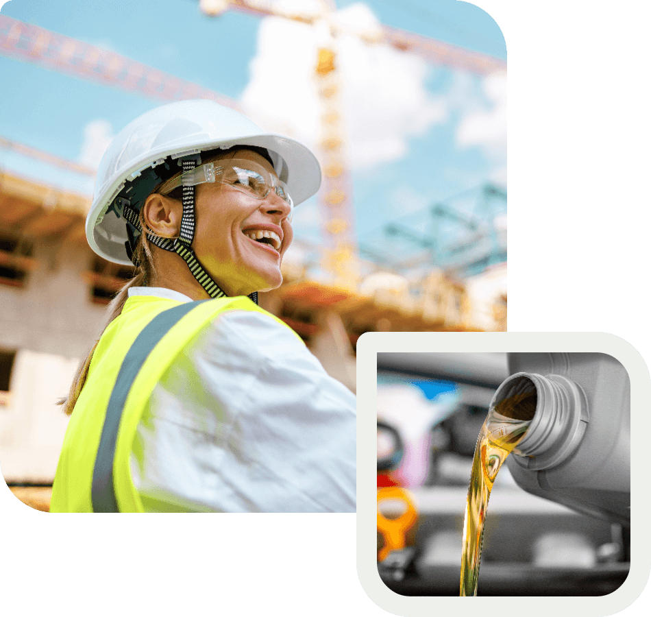 Smiling construction worker in a hard hat and safety vest at a job site, with an inset image of golden motor oil being poured from a bottle.